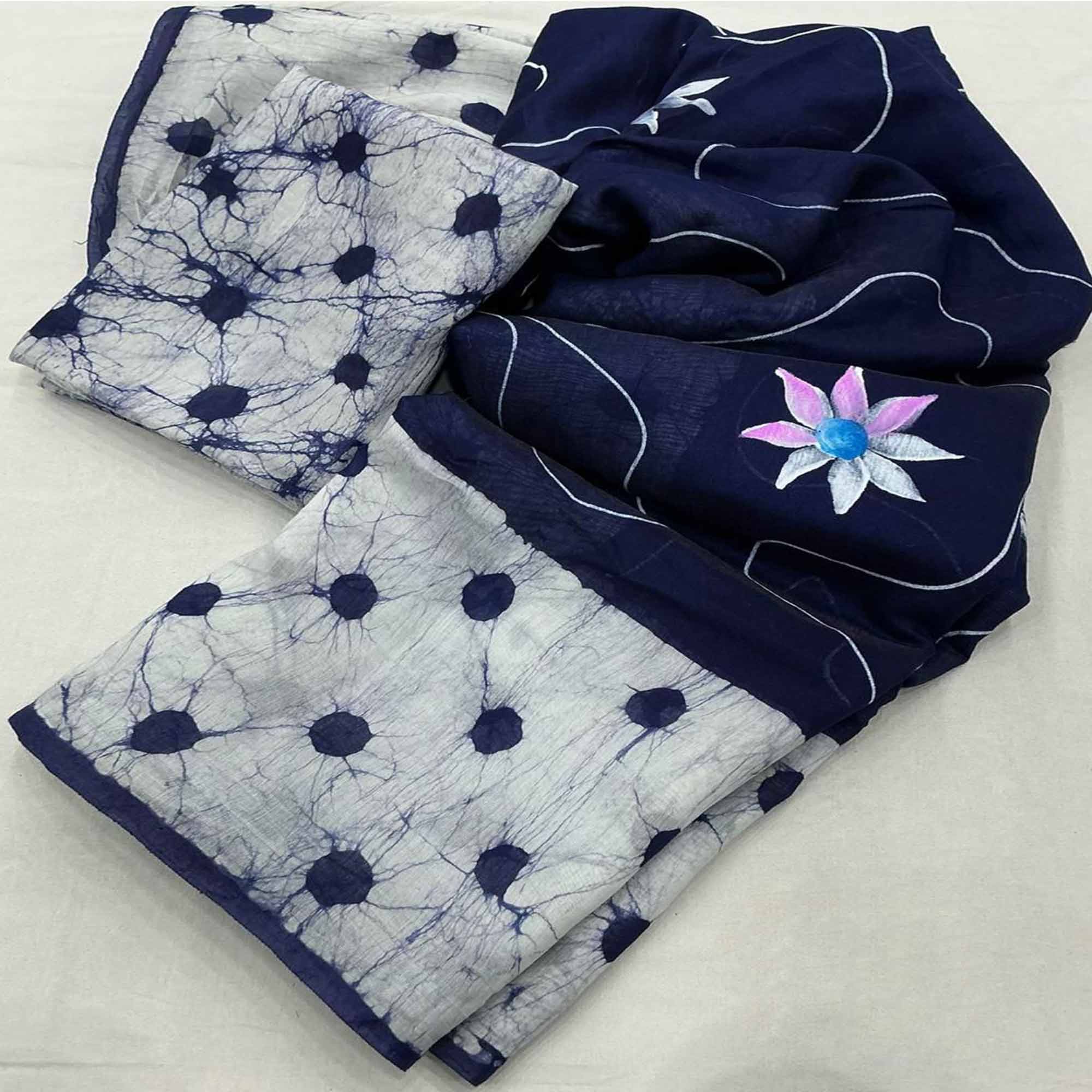 Blue Floral Handprinted Linen Saree for Graceful Ethnic Occasions
