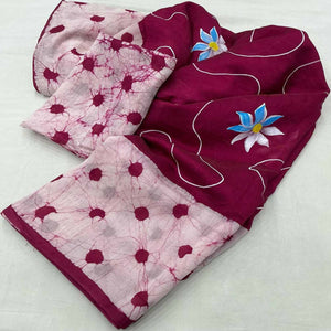 Pink Floral Handprinted Linen Saree for Graceful Ethnic Occasions