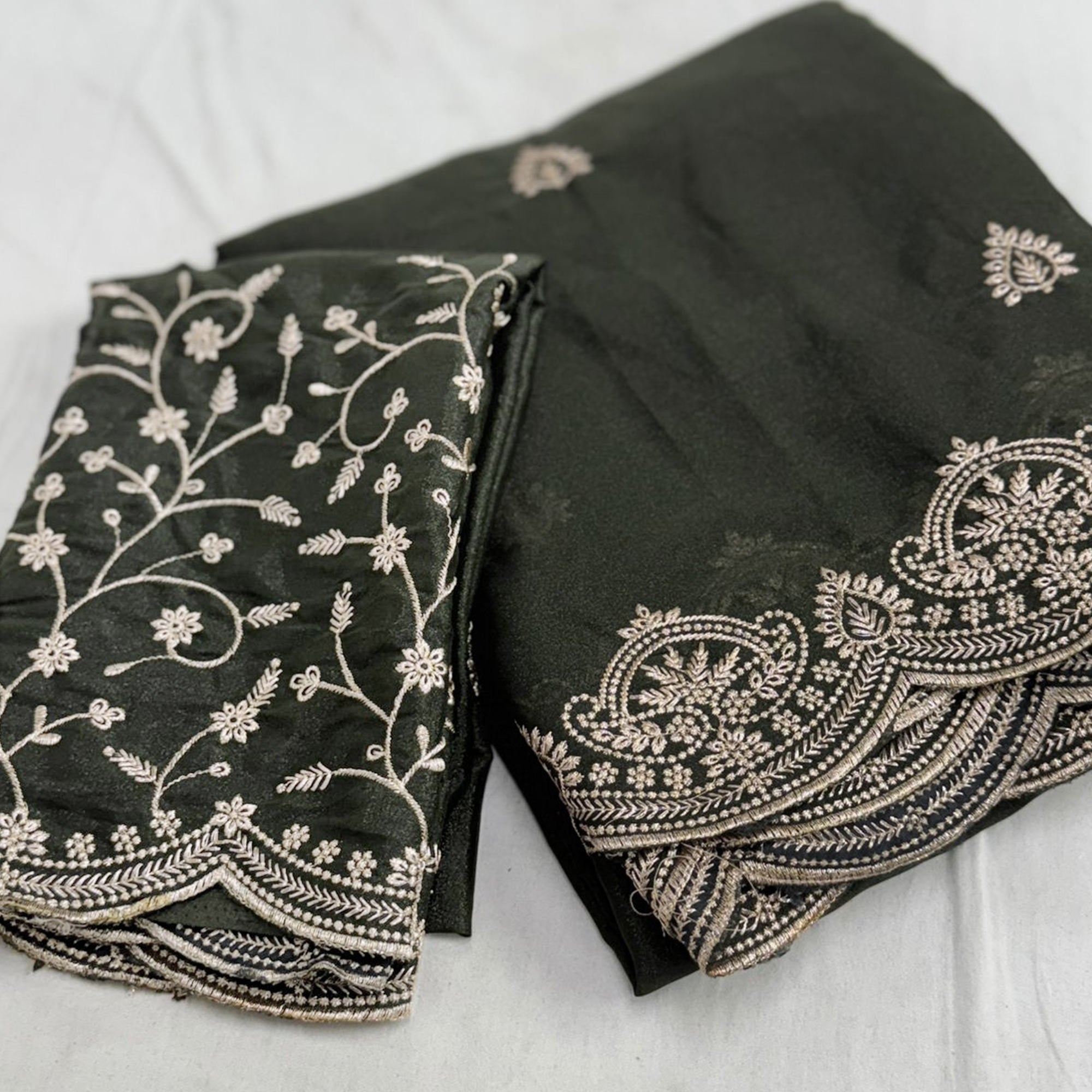 Gorgeous Mehendi Green Floral Embroidered Georgette Saree Accented With Luxurious Zari Work