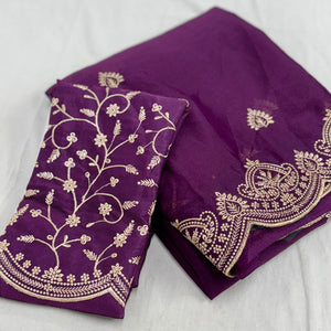Gorgeous Purple Floral Embroidered Georgette Saree Accented With Luxurious Zari Work
