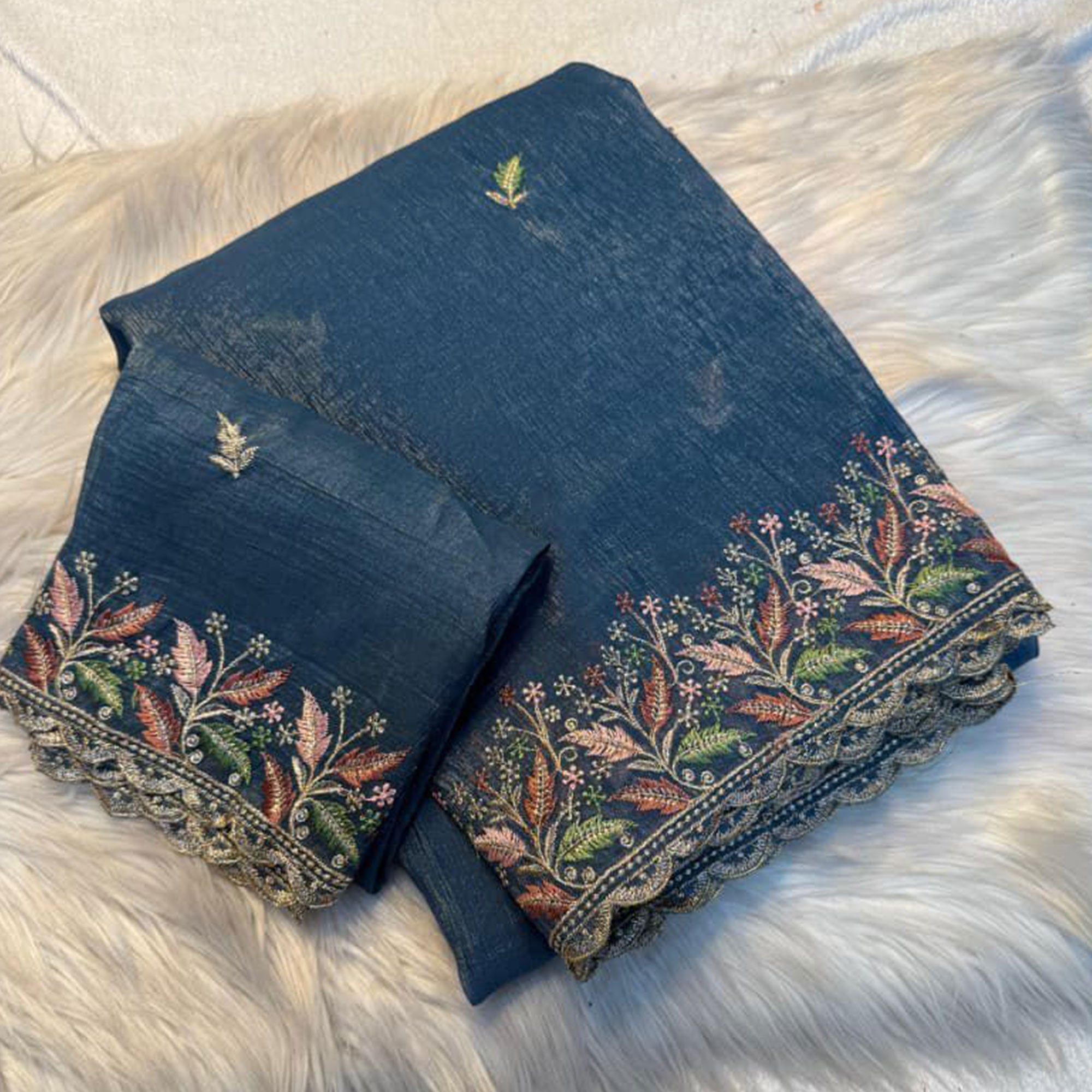 Mesmerizing Blue Chiffon Saree Showcasing Artistic Floral Embroidery For A Luxurious Appeal