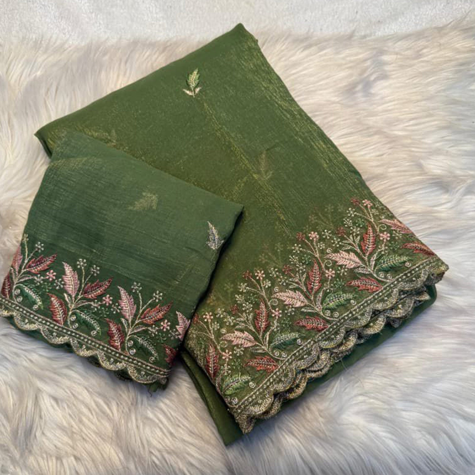 Mesmerizing Green Chiffon Saree Showcasing Artistic Floral Embroidery For A Luxurious Appeal