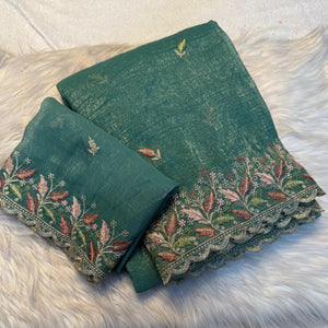 Mesmerizing Rama Green Chiffon Saree Showcasing Artistic Floral Embroidery For A Luxurious Appeal