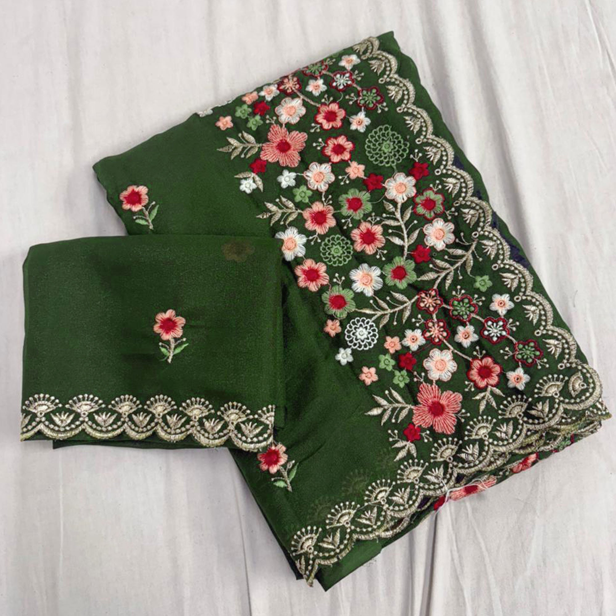 Graceful Green Georgette Saree Featuring Exquisite Floral Thread Embroidery Work