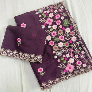 Graceful Wine Georgette Saree Featuring Exquisite Floral Thread Embroidery Work