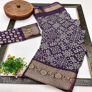 Contemporary Dark purple Geometric Mill Printed Dola Silk Saree With Ornate Floral Zari Border