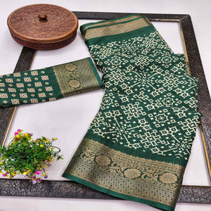 Contemporary Green Geometric Mill Printed Dola Silk Saree With Ornate Floral Zari Border
