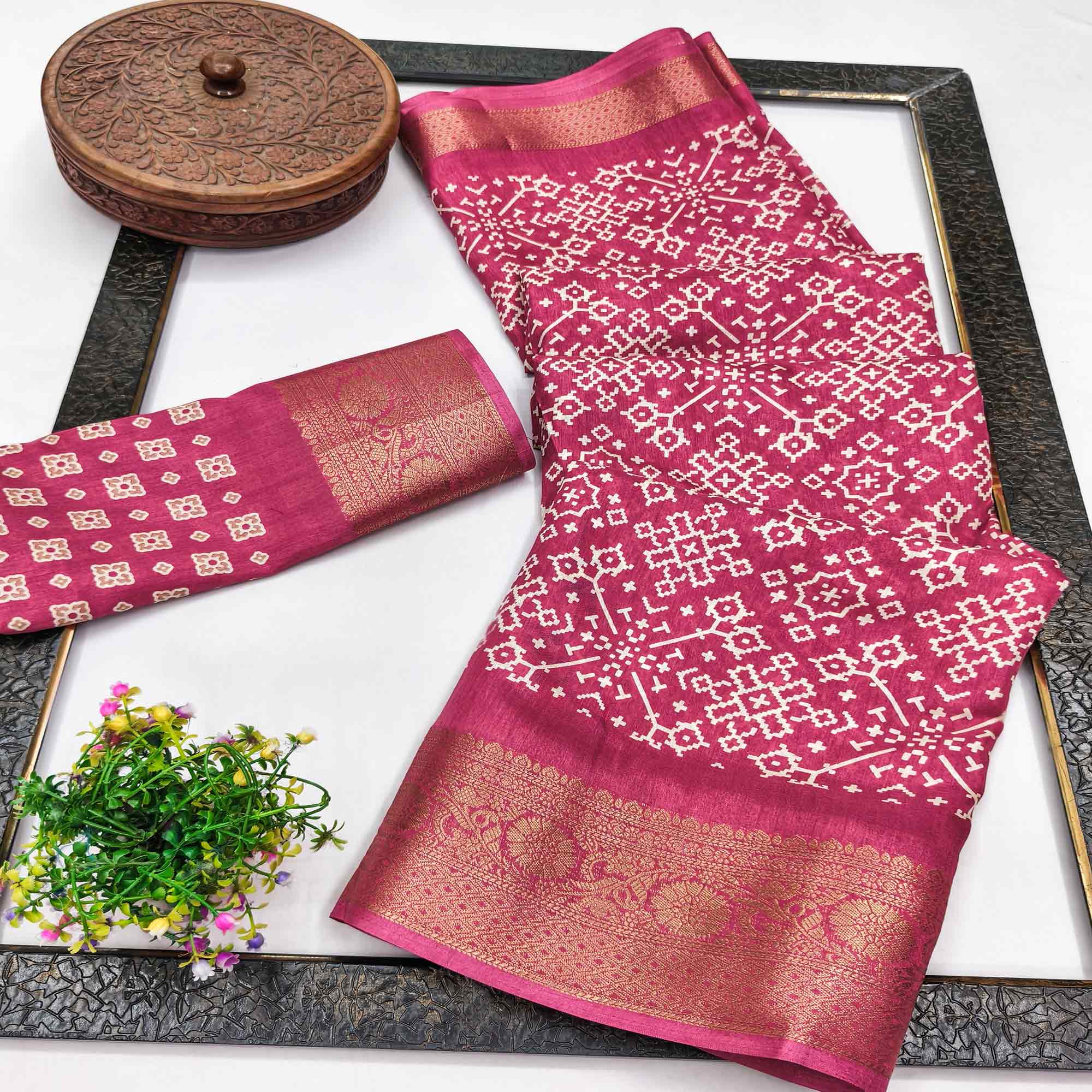 Contemporary Magenta Geometric Mill Printed Dola Silk Saree With Ornate Floral Zari Border