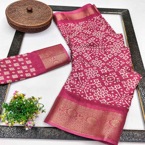Contemporary Magenta Geometric Mill Printed Dola Silk Saree With Ornate Floral Zari Border