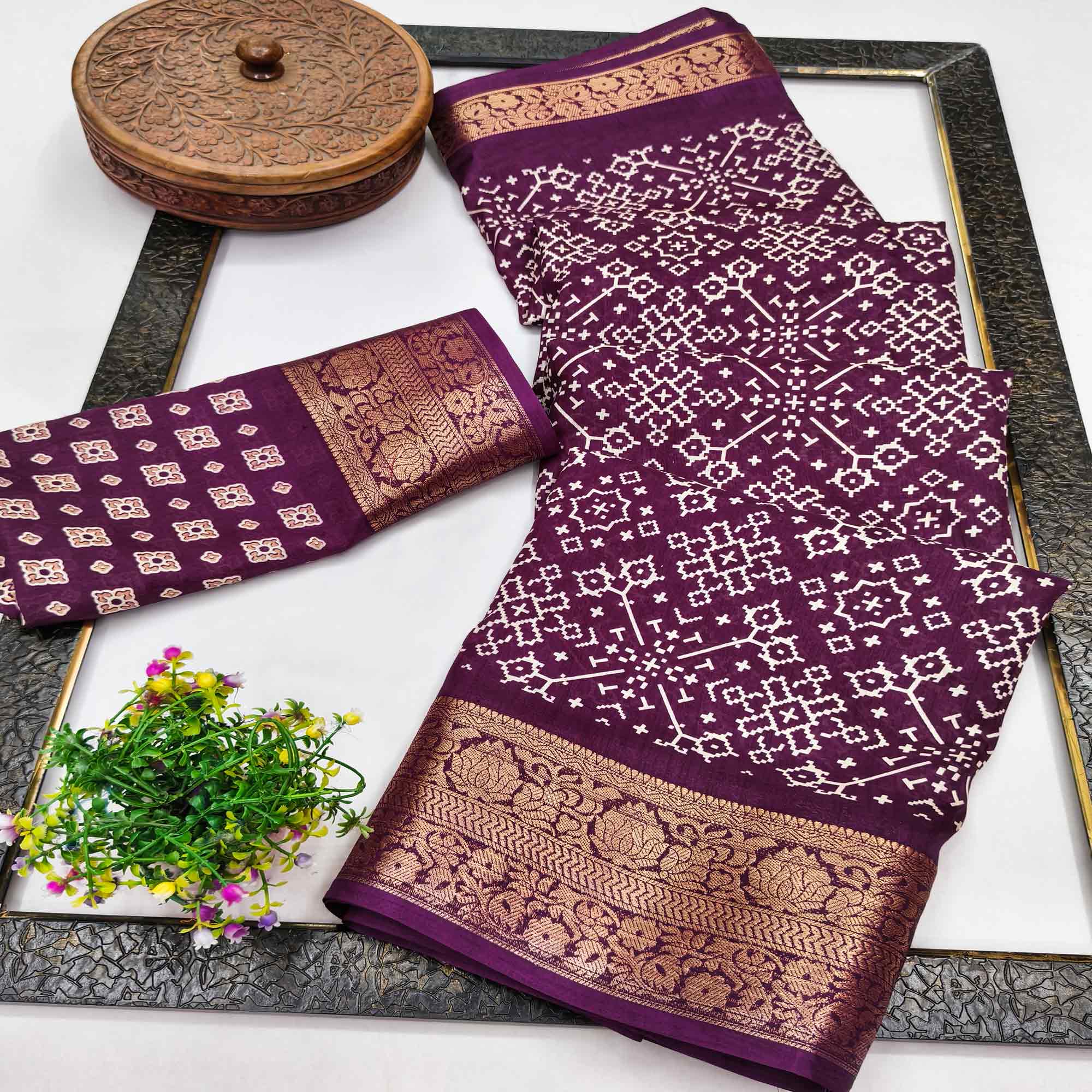Contemporary Purple Geometric Mill Printed Dola Silk Saree With Ornate Floral Zari Border