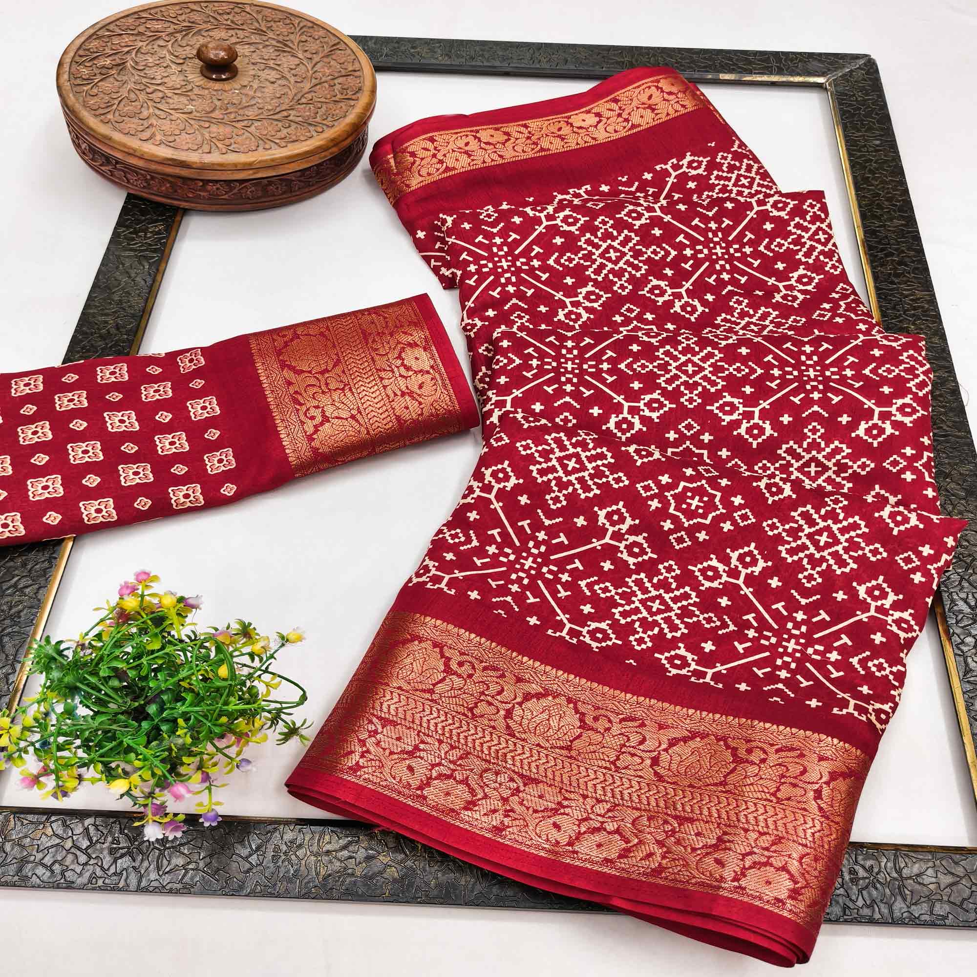 Contemporary Red Geometric Mill Printed Dola Silk Saree With Ornate Floral Zari Border