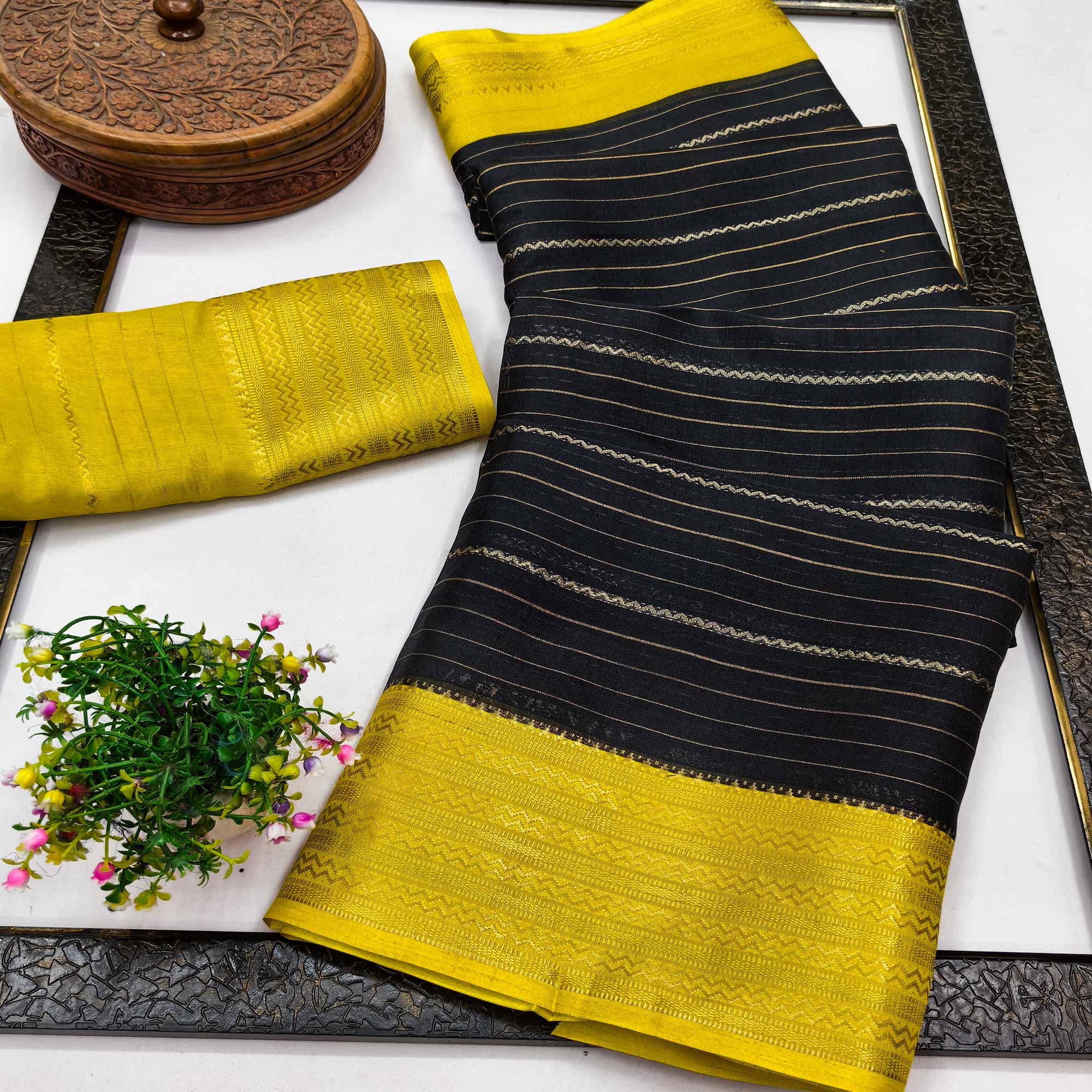 Black Jacquard Saree With Contemporary Striped Pattern Accented By Rich Zari Weaving