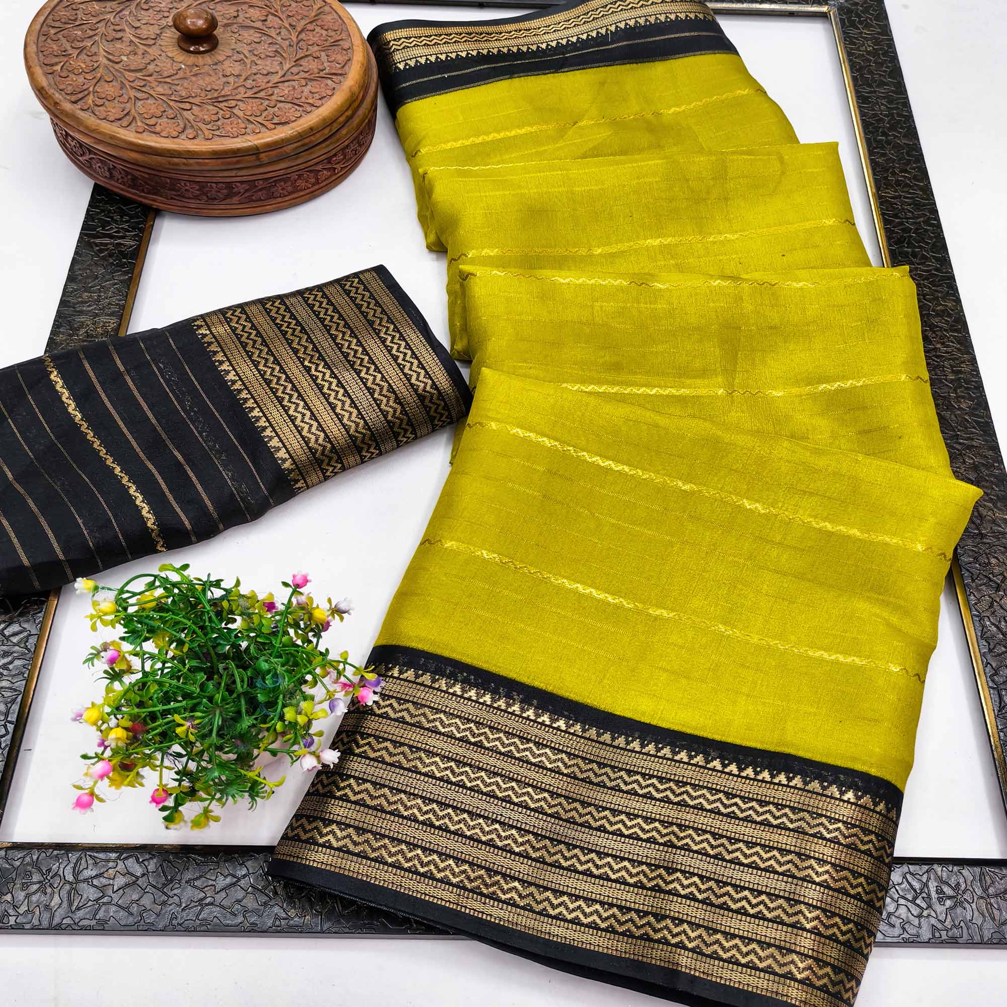 Lemon Yellow Jacquard Saree With Contemporary Striped Pattern Accented By Rich Zari Weaving