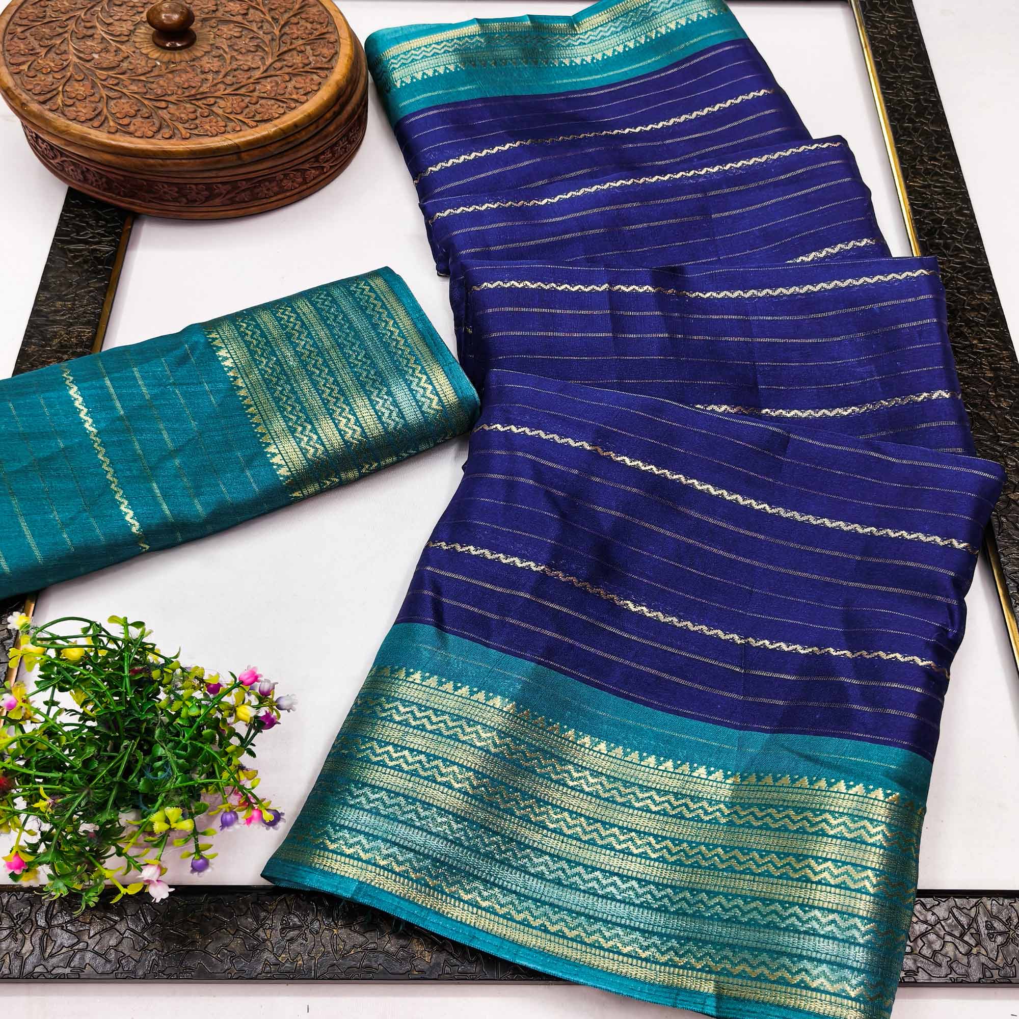 Navy Blue Jacquard Saree With Contemporary Striped Pattern Accented By Rich Zari Weaving