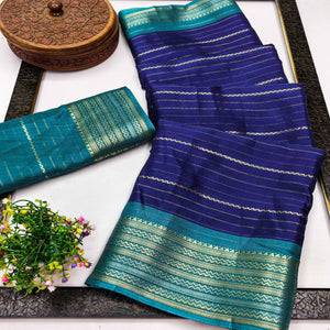 Navy Blue Jacquard Saree With Contemporary Striped Pattern Accented By Rich Zari Weaving