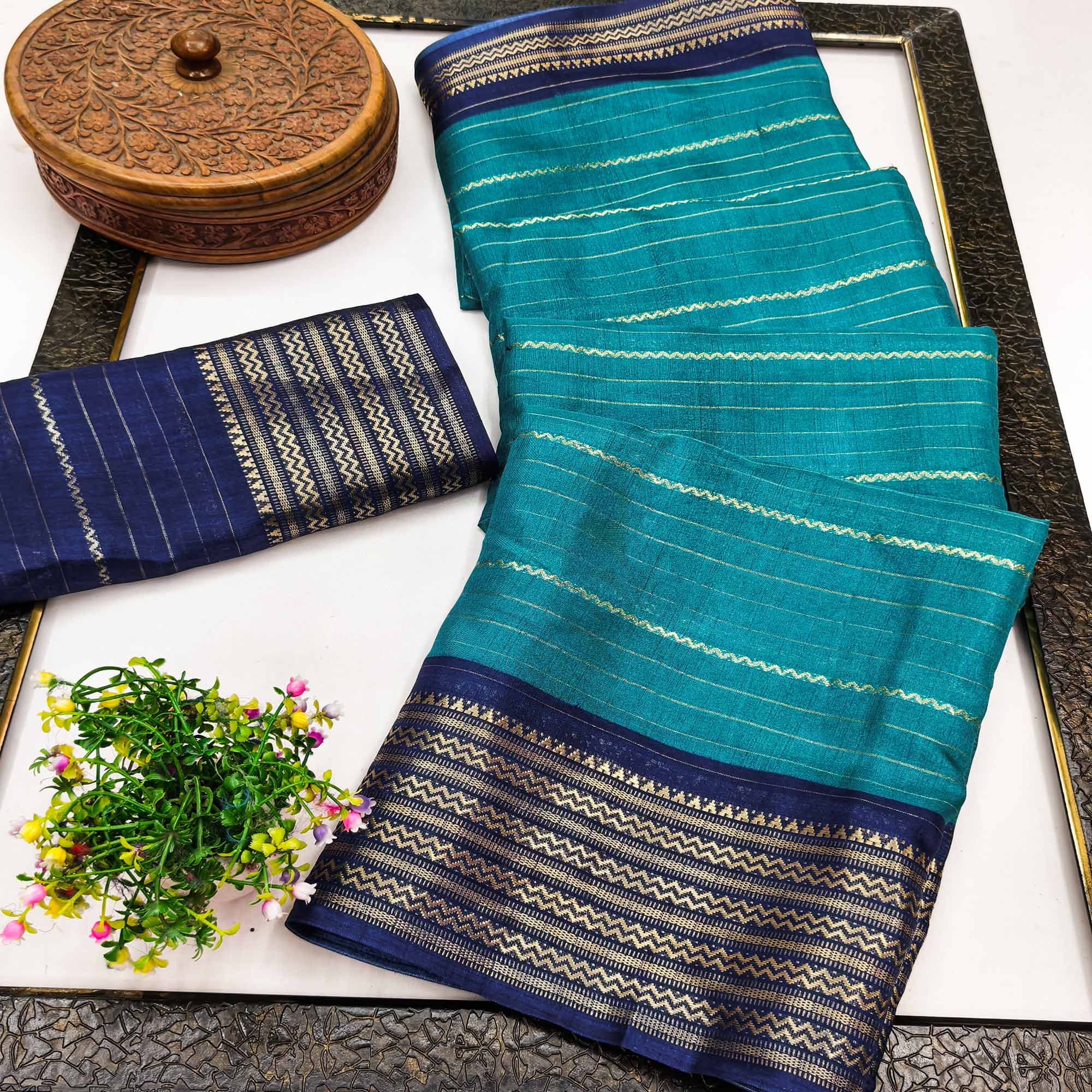 Turquoise Jacquard Saree With Contemporary Striped Pattern Accented By Rich Zari Weaving