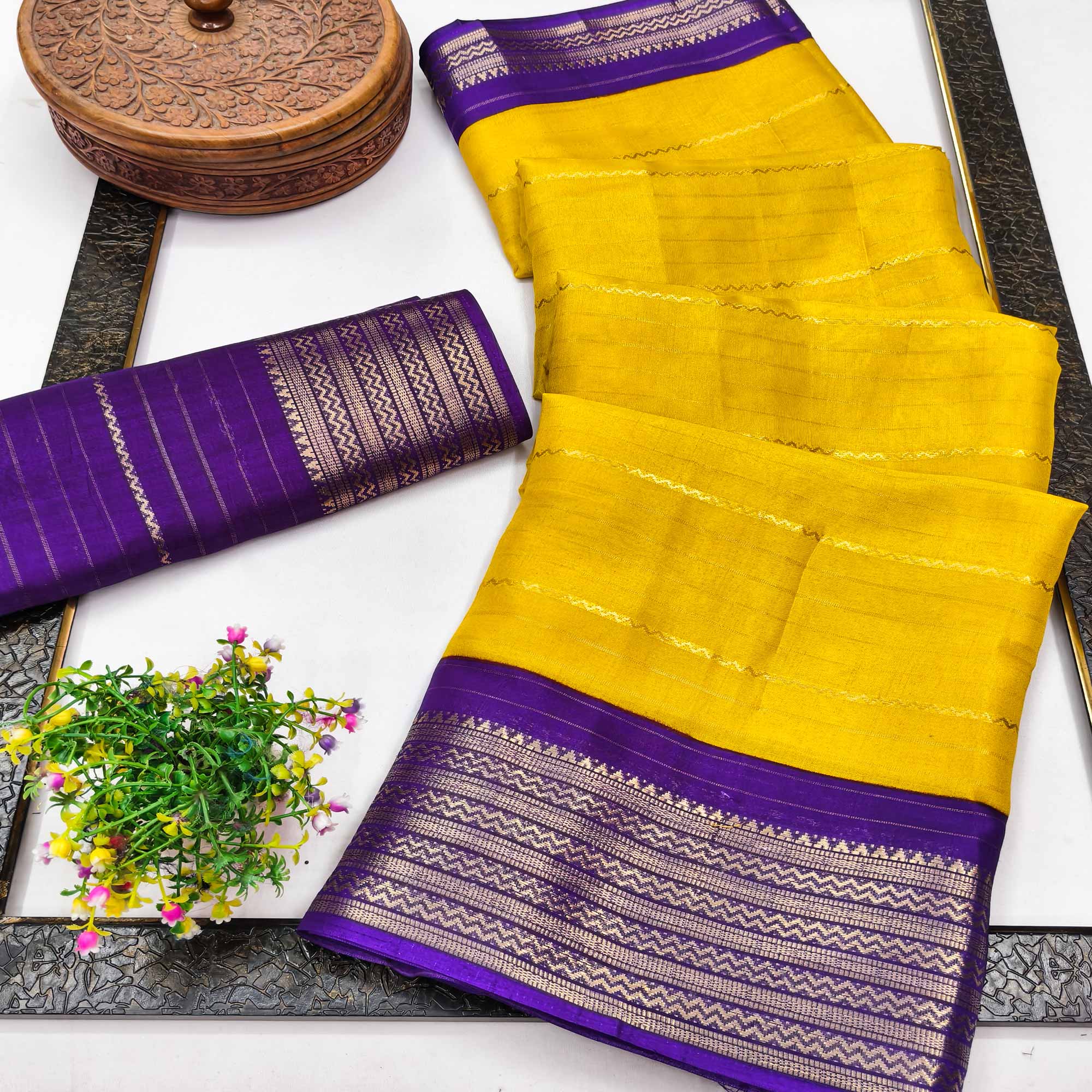 Yellow Jacquard Saree With Contemporary Striped Pattern Accented By Rich Zari Weaving