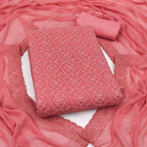 Stunning Coral Pink Floral Embroidery With Sparkling Sequins Work Georgette Dress Material