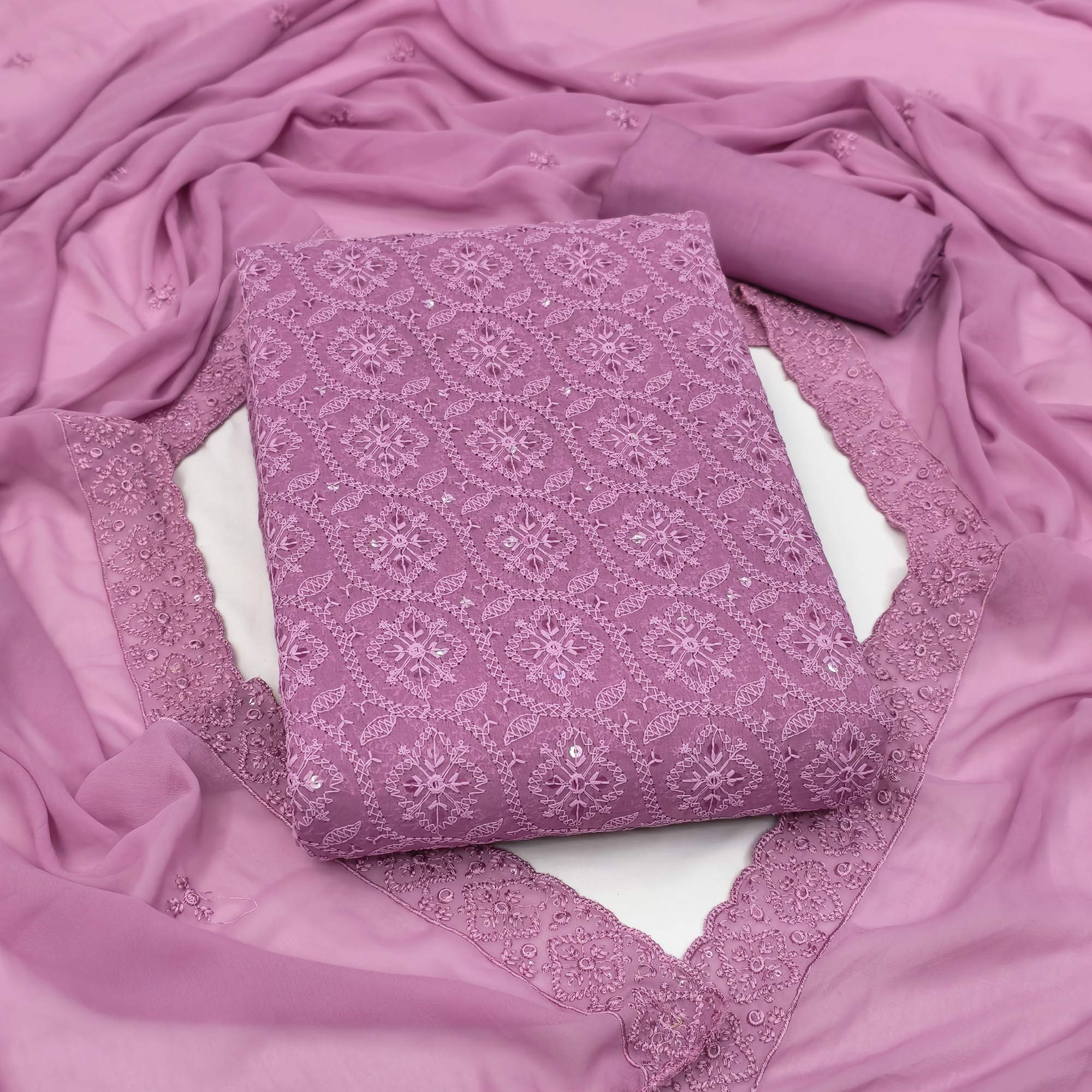 Stunning Purple Floral Embroidery With Sparkling Sequins Work Georgette Dress Material