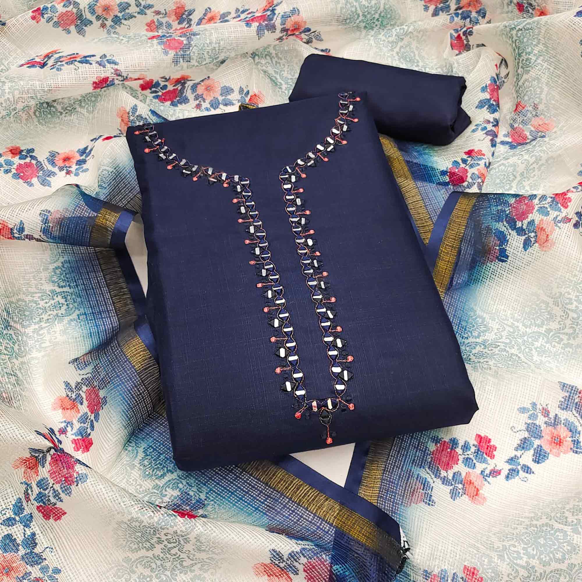 Classic Navy Blue Solid Dress Material Highlighted By Intricate Neck Mirror Embroidery