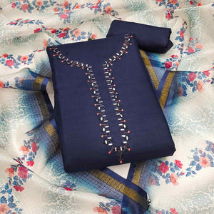 Classic Navy Blue Solid Dress Material Highlighted By Intricate Neck Mirror Embroidery