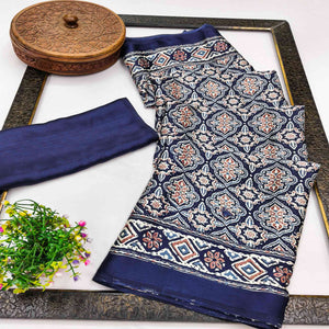 Charming Navy Blue Mill Printed Crepe Silk Saree Adorned With Vibrant Floral Design
