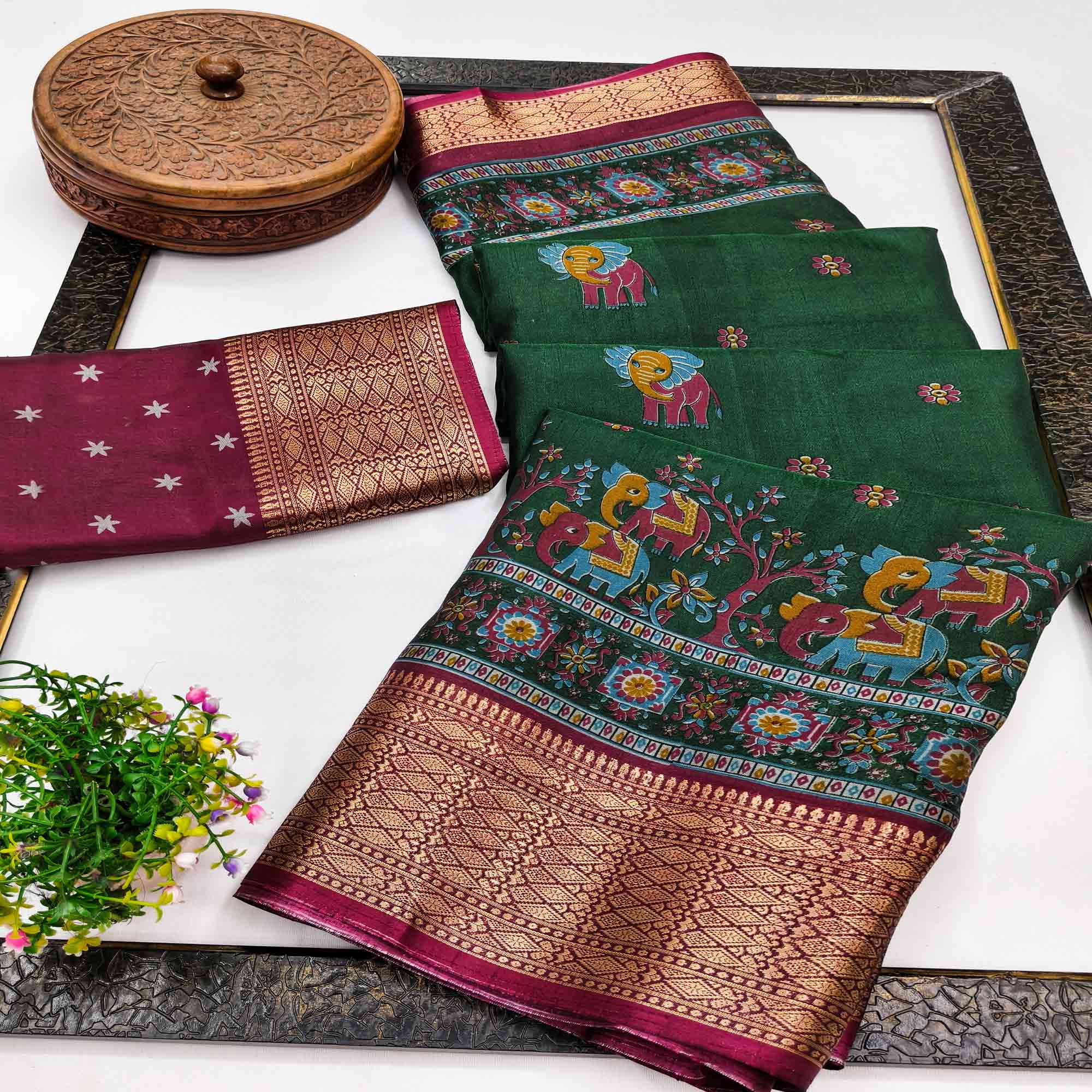 Majestic Green stard Elephant & Floral Printed Dola Silk Saree Featuring Intricate Weaving Border
