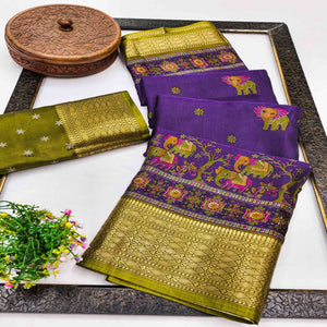 Majestic Purple Elephant & Floral Printed Dola Silk Saree Featuring Intricate Weaving Border