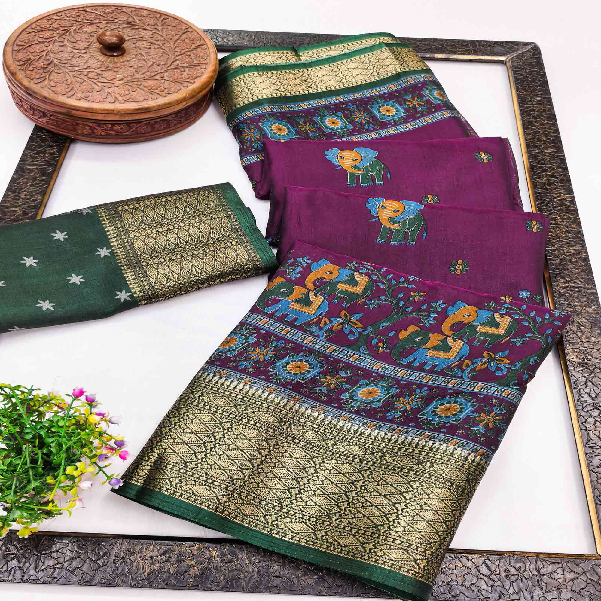 Majestic Wine Elephant & Floral Printed Dola Silk Saree Featuring Intricate Weaving Border