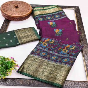 Majestic Wine Elephant & Floral Printed Dola Silk Saree Featuring Intricate Weaving Border