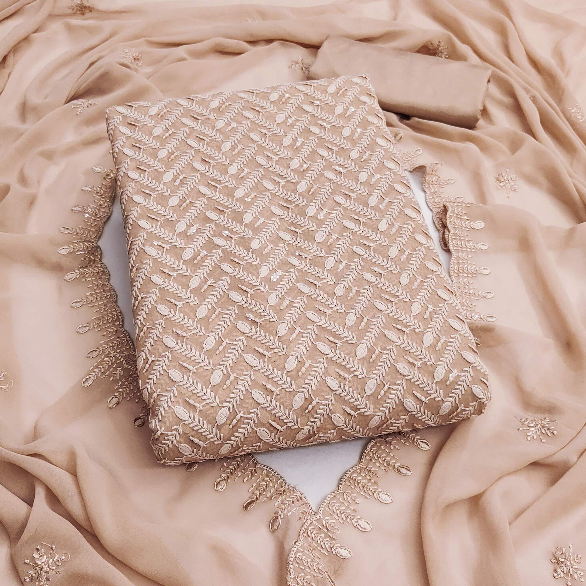 Lightweight Beige Georgette Dress Material Adorned with Beautiful Floral Embroidery