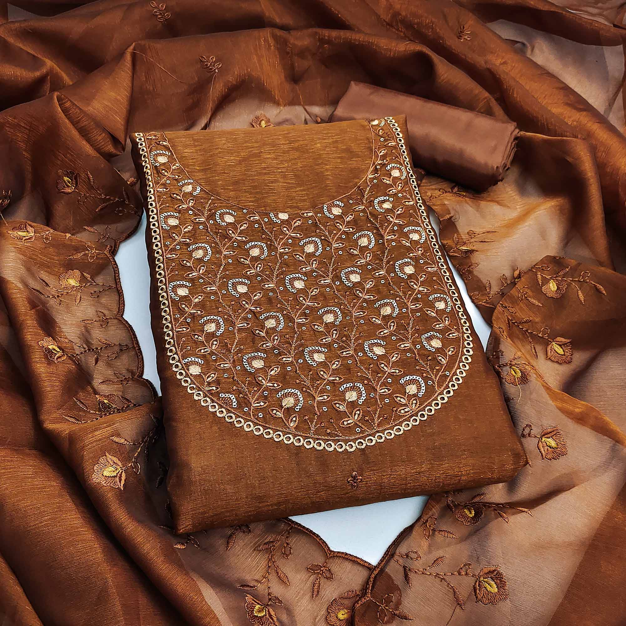 Beautiful Brown Art Silk Unstitched Suit Material Decorated with Fine Floral Embroidery Work