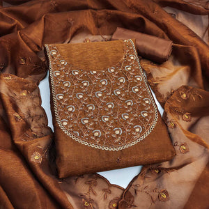 Beautiful Brown Art Silk Unstitched Suit Material Decorated with Fine Floral Embroidery Work