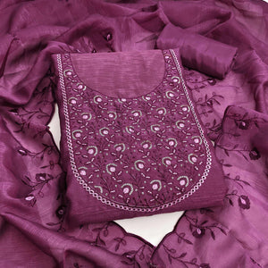 Beautiful Purple Art Silk Unstitched Suit Material Decorated with Fine Floral Embroidery Work