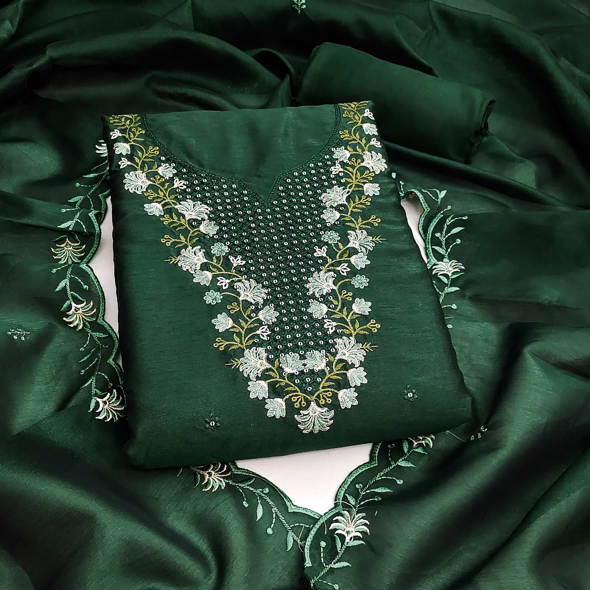 Green Floral Embroidered Art Silk Suit Material Ideal for Festive and Celebration Looks