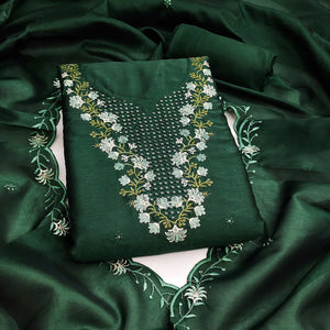 Green Floral Embroidered Art Silk Suit Material Ideal for Festive and Celebration Looks