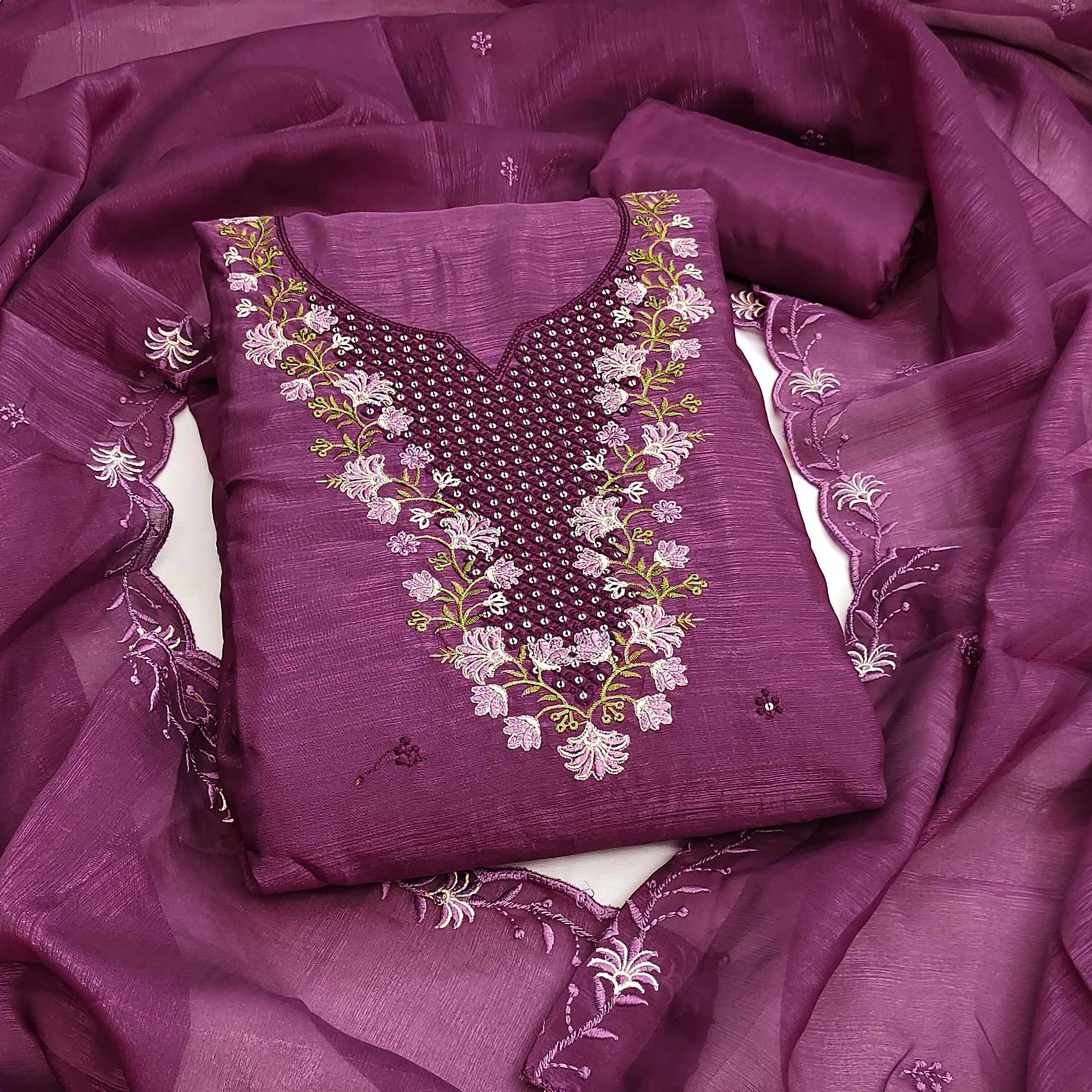Purple Floral Embroidered Art Silk Suit Material Ideal for Festive and Celebration Looks