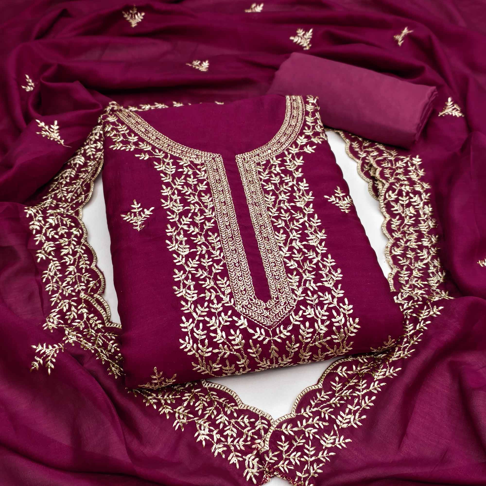Elegant Dark Rani Pink Zari Embroidery & Sequins Embellished Vichitra Silk Dress Material