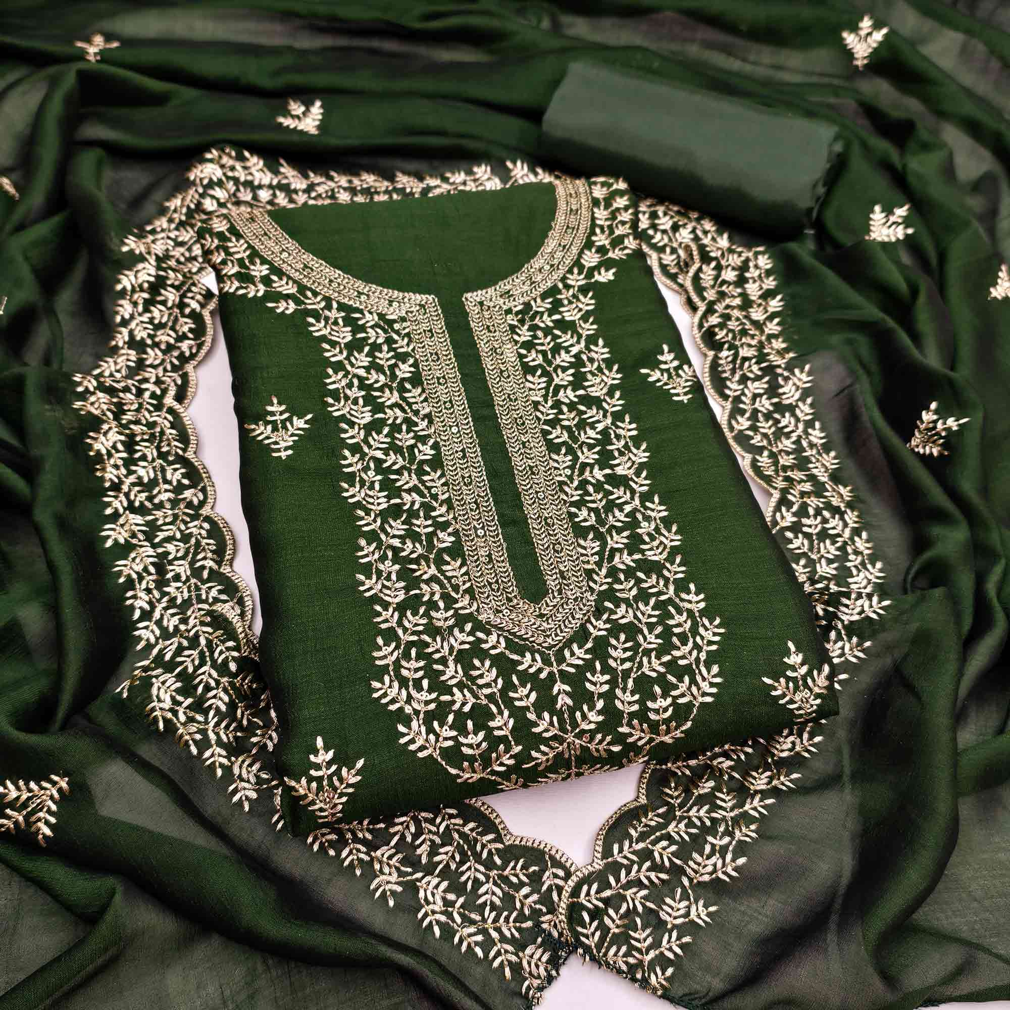 Elegant Green Zari Embroidery & Sequins Embellished Vichitra Silk Dress Material