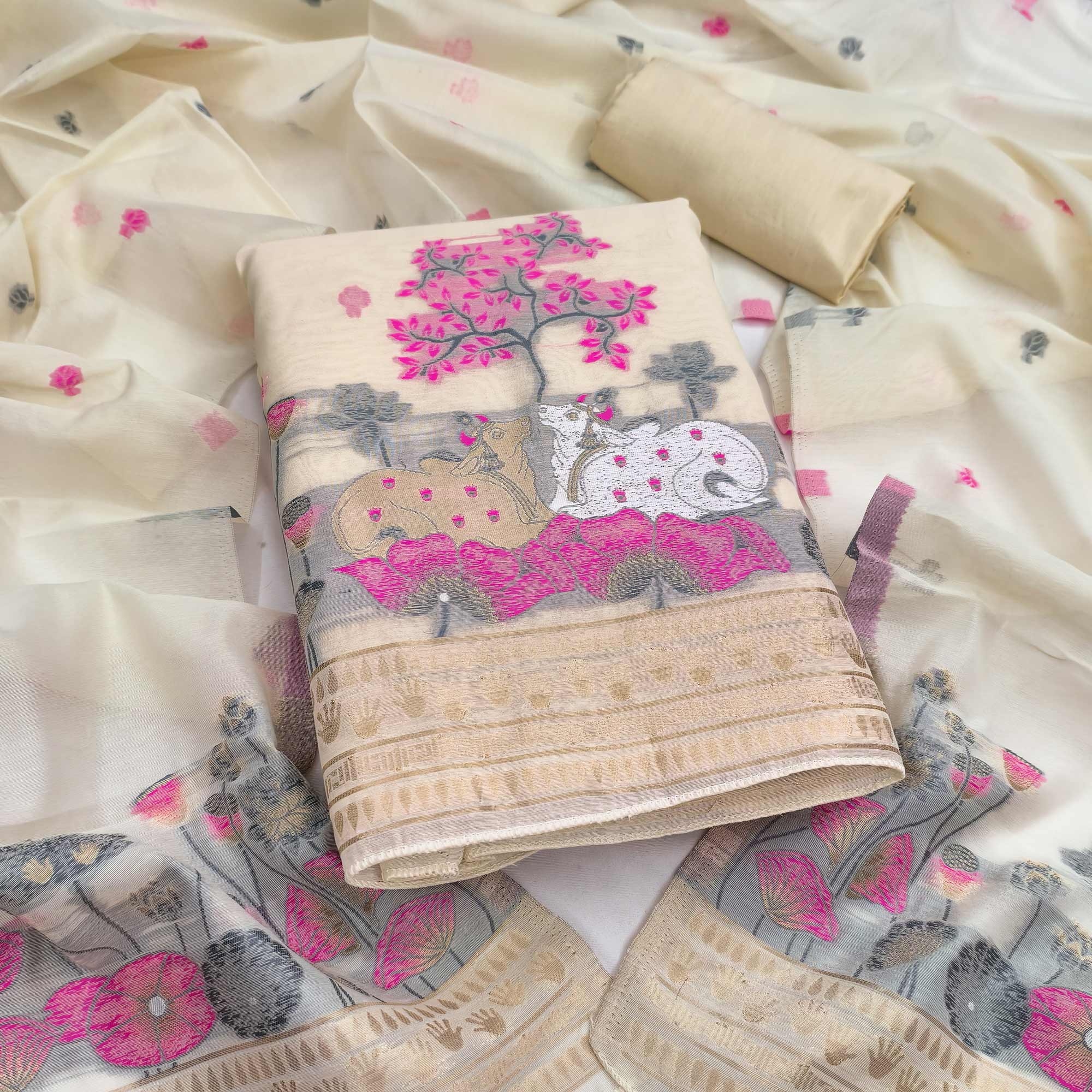 Premium Cream Chanderi Silk Weaving Dress Material With Artistic Floral & Animal Motifs