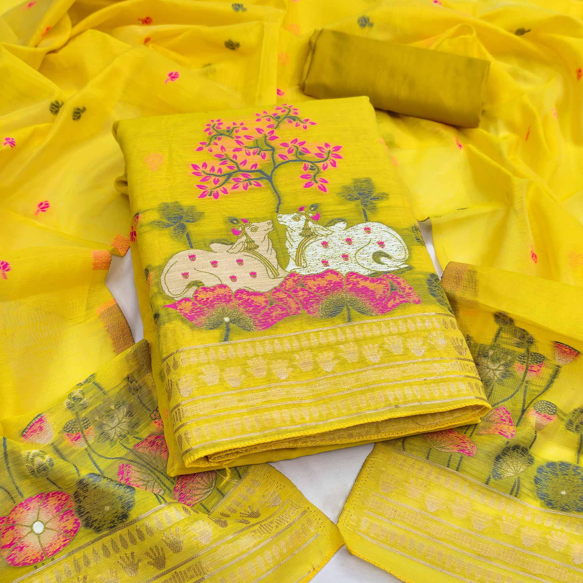 Premium Lemon Yellow Chanderi Silk Weaving Dress Material With Artistic Floral & Animal Motifs
