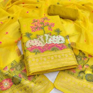 Premium Lemon Yellow Chanderi Silk Weaving Dress Material With Artistic Floral & Animal Motifs