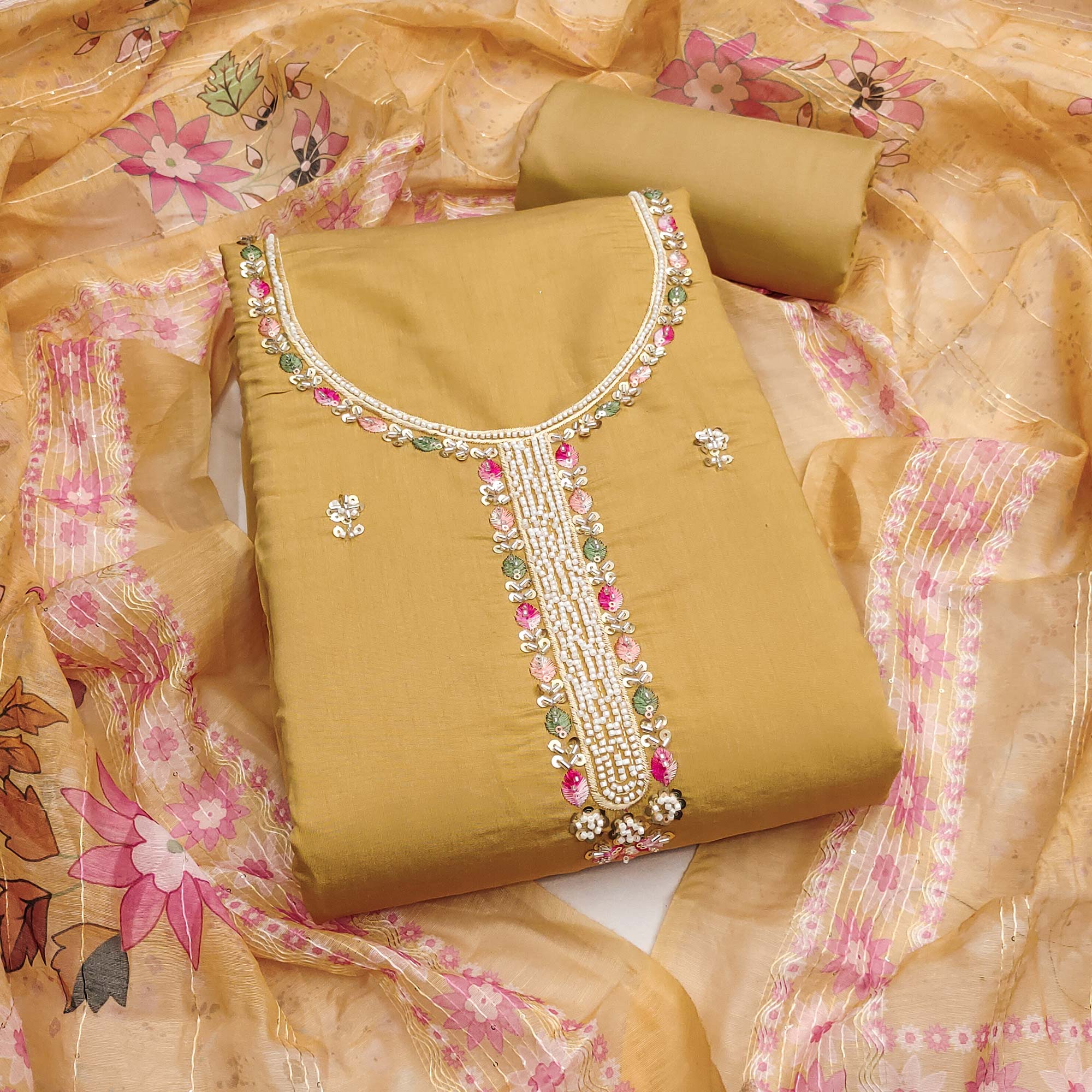 Mustard Embroidered Chanderi Silk Unstitched Dress Material with Delicate Beads Work