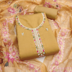 Mustard Embroidered Chanderi Silk Unstitched Dress Material with Delicate Beads Work
