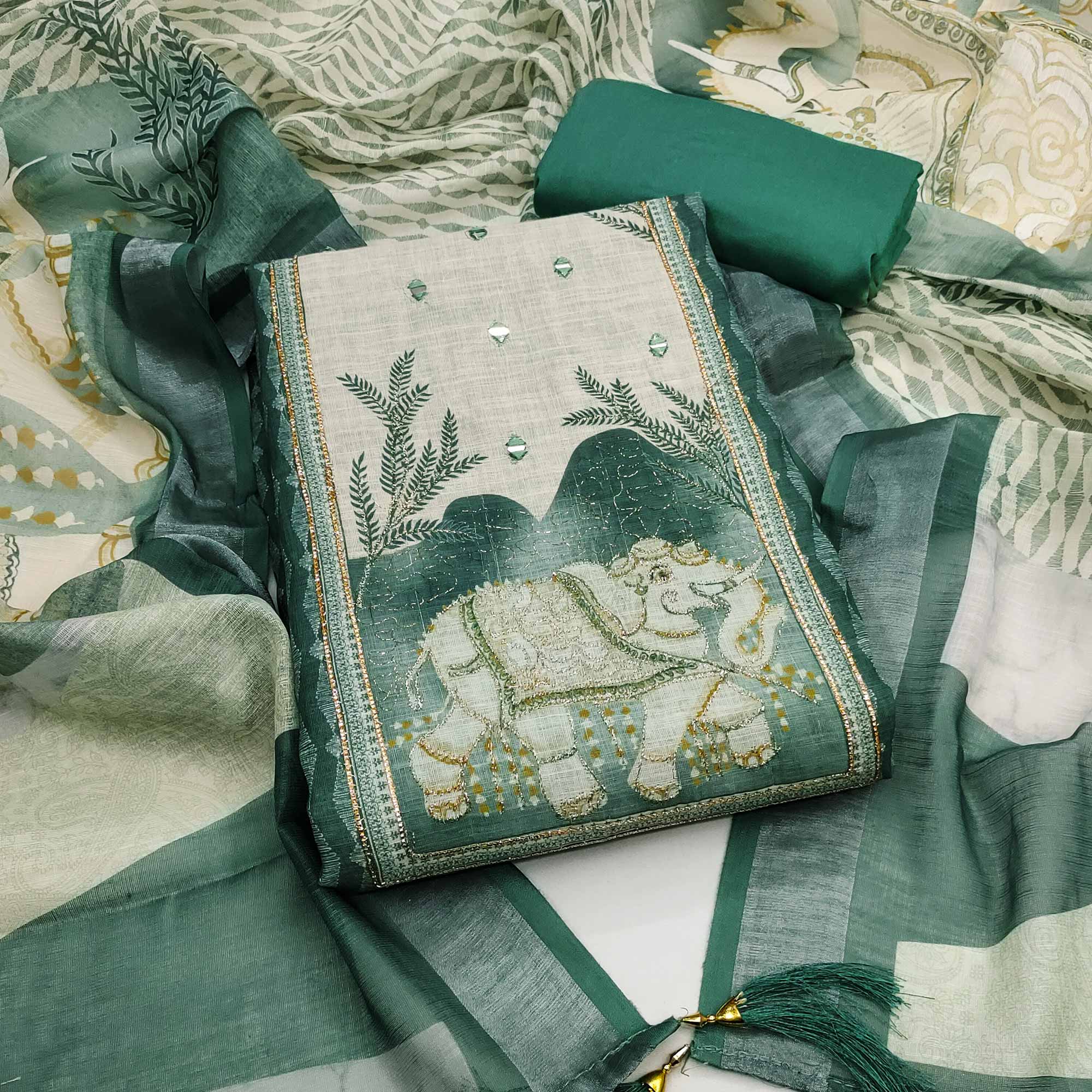 Rama Green Premium Woven Linen Dress Material for Comfortable Styling