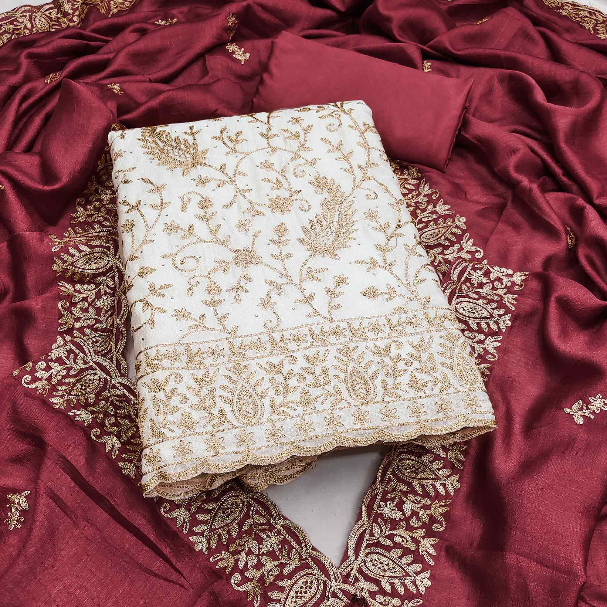 Cream & Maroon Lustrous Vichitra Silk Dress Material Accented with Artistic Thread Embroidery