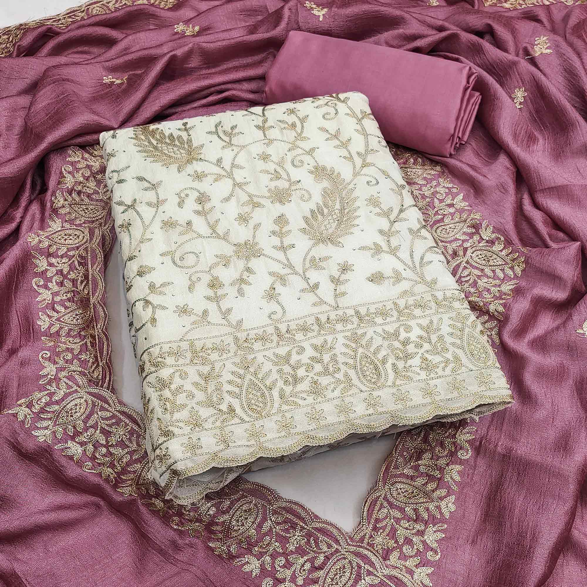 Cream & Mauve Lustrous Vichitra Silk Dress Material Accented with Artistic Thread Embroidery