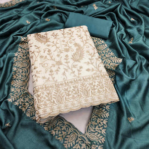 Cream & Teal Lustrous Vichitra Silk Dress Material Accented with Artistic Thread Embroidery