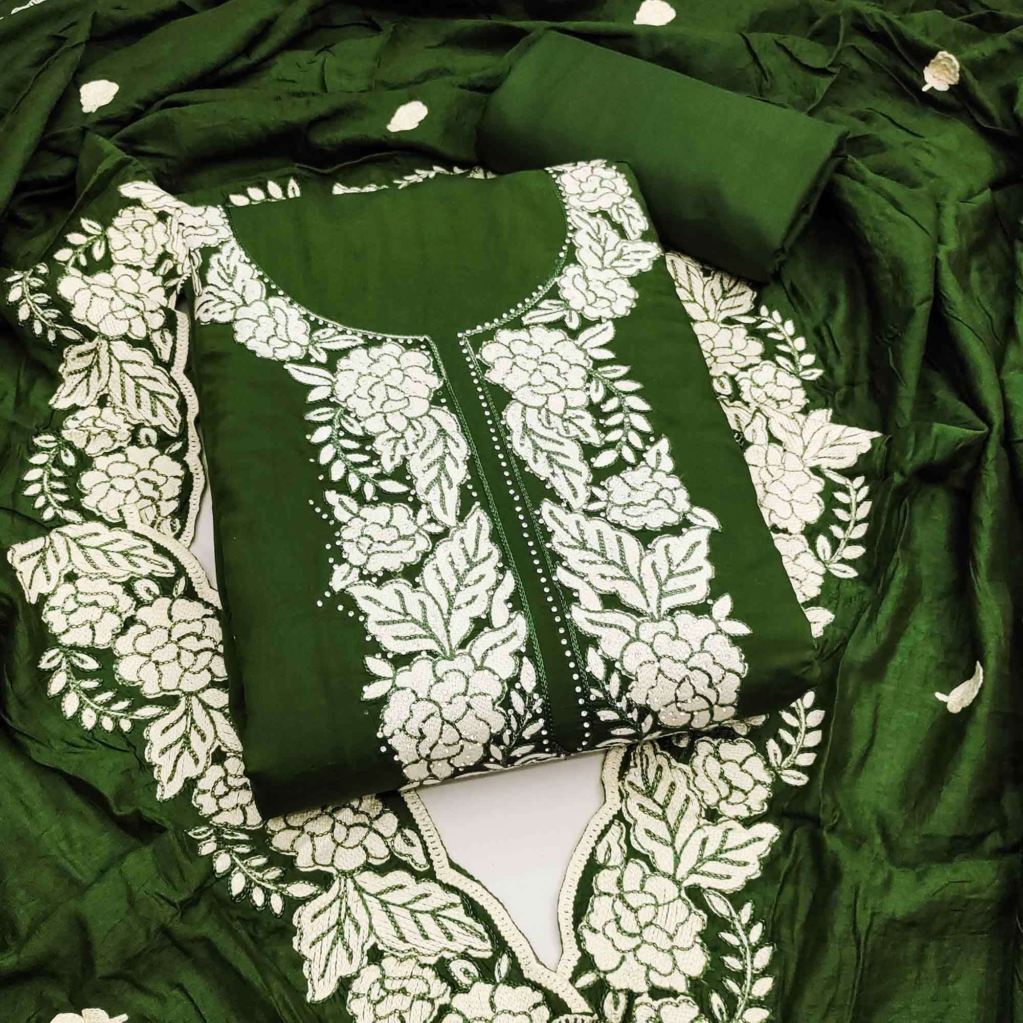 Bottle Green Rich Viscose Dress Material Highlighted with Refined Floral Thread Embroidery