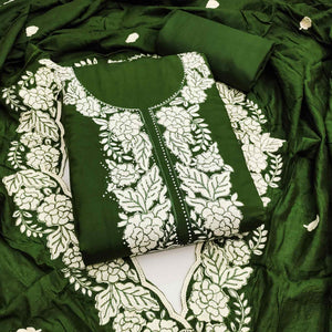 Bottle Green Rich Viscose Dress Material Highlighted with Refined Floral Thread Embroidery